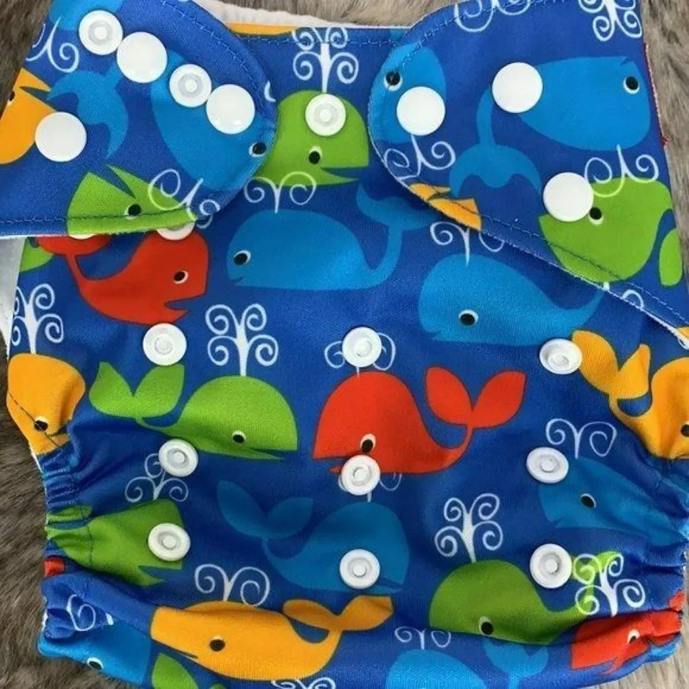 OhBabyKa Boys Girls Blue Colorful Whales‎ Snap Cloth Cover Diaper Adjustable